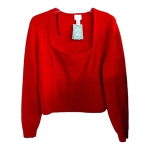 NEW H&M Red Ribbed Cropped Square Neck Sweater Size XXL Colorful